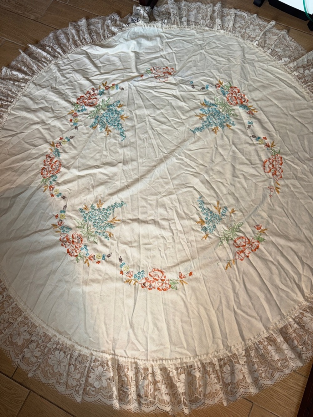 Vintage Handmade Round Linen Embroidered Tablecloth with Lace Ruffle